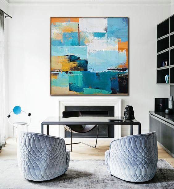 Oversized Palette Knife Painting Contemporary Canvas Art,Navy Blue,Sky Blue,White,Yellow,Black.etc